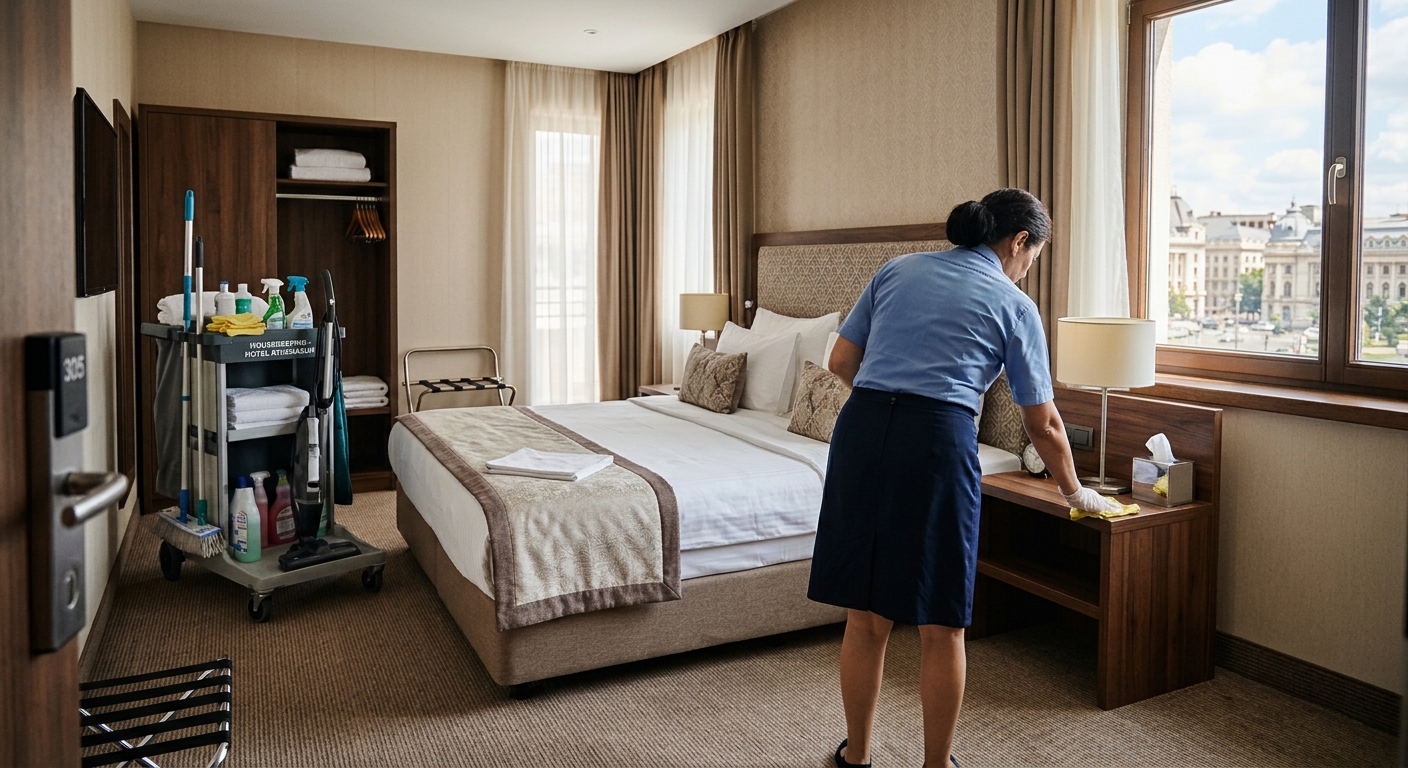 O cameristă văzută din spate șterge praful de pe noptiera unei camere elegante de hotel. În stânga se află un pat dublu bine făcut și un cărucior mobil de curățenie dotat cu soluții și ustensile.