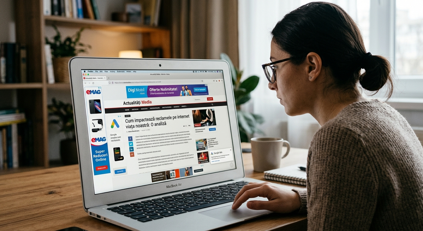 O femeie cu ochelari lucrează pe un laptop situat pe un birou de lemn. Pe ecranul laptopului este afișat un articol de știri cu titlul «Cum impactează reclamele pe internet viața noastră: O analiză», înconjurat de diverse bannere publicitare de tip Google Ads pe margini.