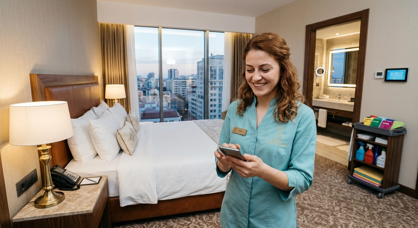 O cameristă dintr-un hotel elegant folosește un telefon mobil pentru a bifa un checklist digital, într-o cameră curată și pregătită pentru oaspeți.