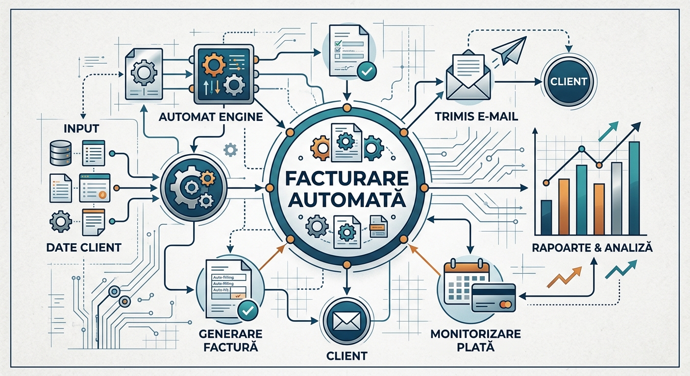 Schiță tehnică și diagramă de flux explicativă pentru procesul de facturare automată, prezentând etapele de la introducerea datelor clienților, generarea facturii, trimiterea prin e-mail și monitorizarea plăților, până la rapoarte și analize.